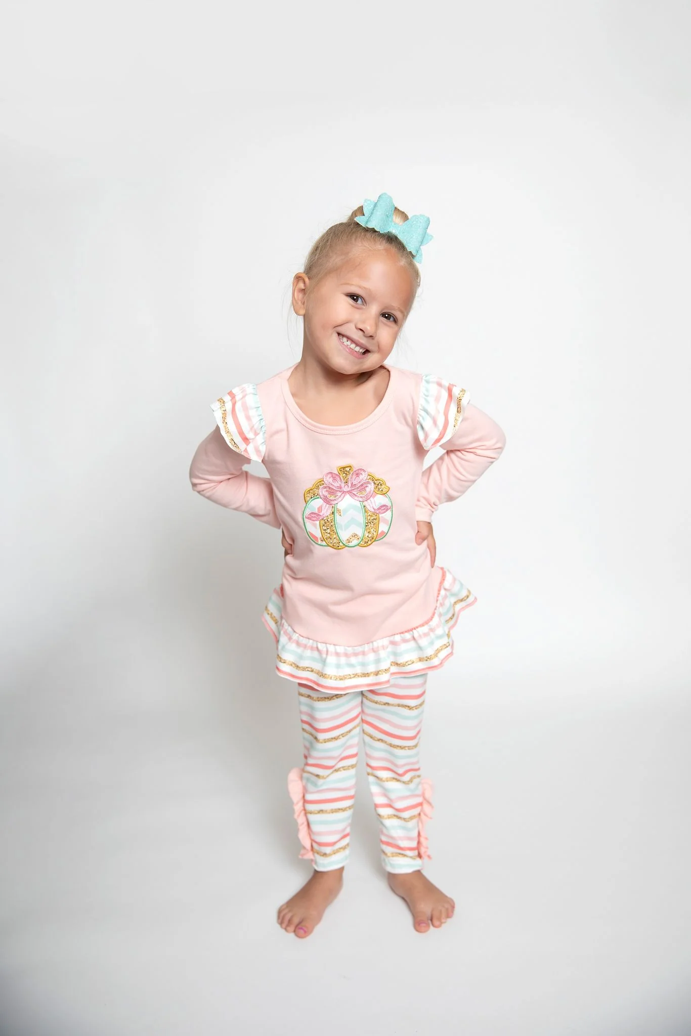 pink pumpkin embroidery stripe legging set