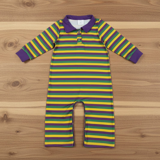 long sleeve purple green gold stripes polo romper