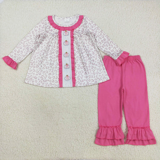 leopard pumpkin embroidery ruffle pants set girls outfit