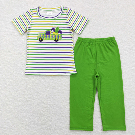 baby boy mardi gras truck embroidery pants set