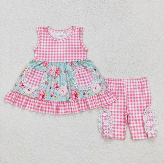 sleeveless pink gingham floral twirl top shorts set with pocket