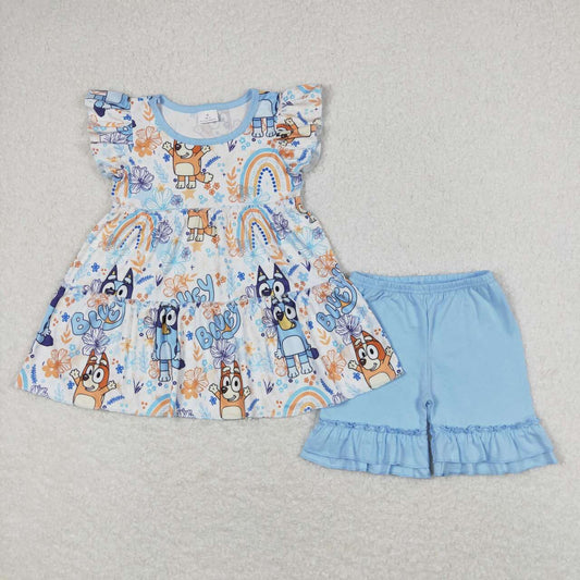 blue dog &rainbow shorts two piece set girl summer clothing