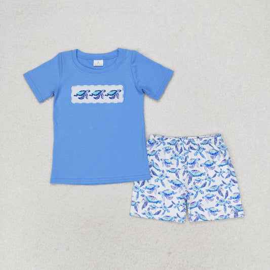 embroidery sea turtle two piece shorts set boy