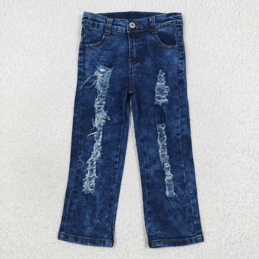 Dark blue straight denim pants kids girl jeans with hole