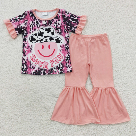 girls bell bottom outfit,pink cotton pants, howdy