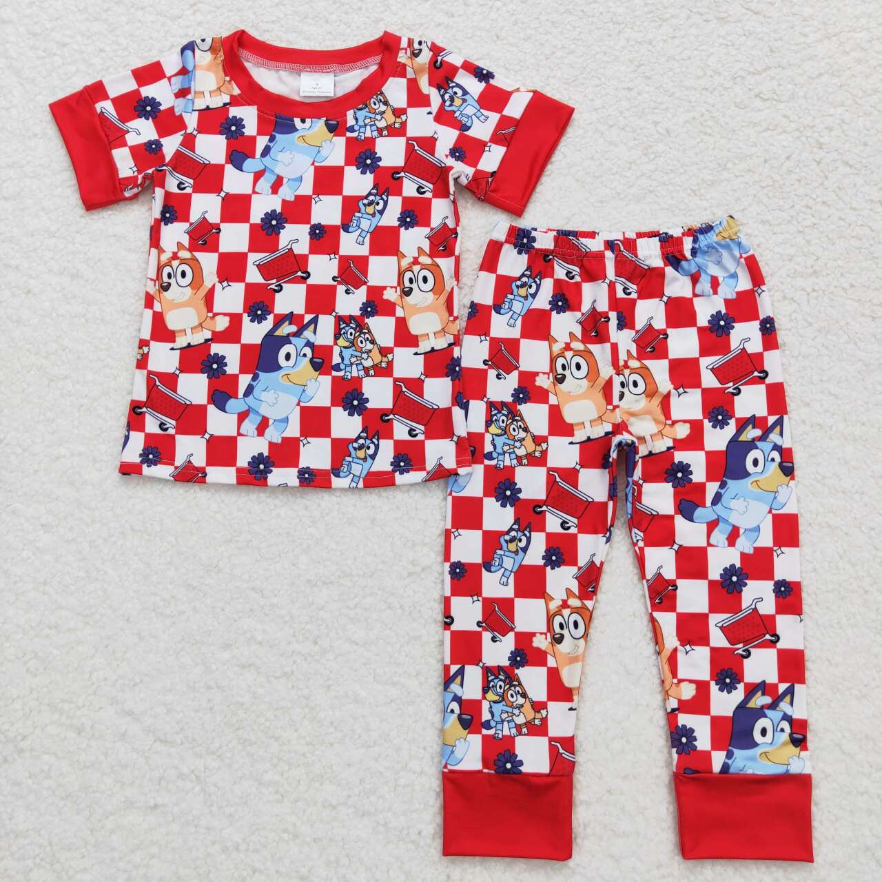 short sleeve red checkered bluey pajamas set