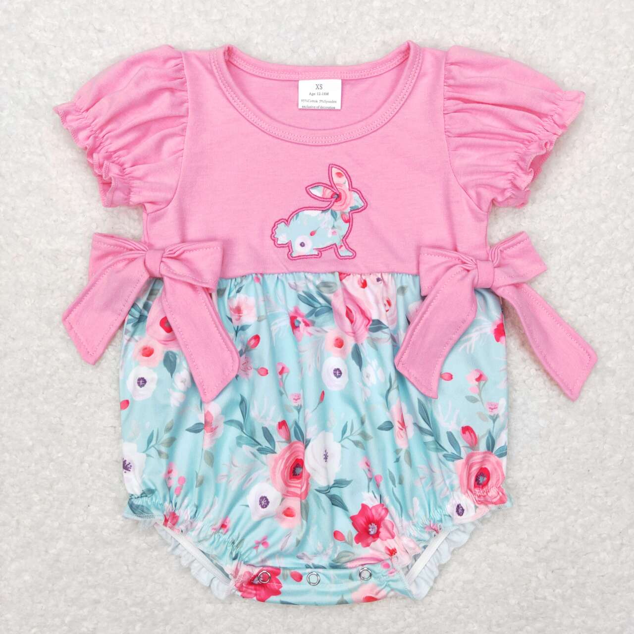 infant girl easter pink floral bunny embroidery bubble