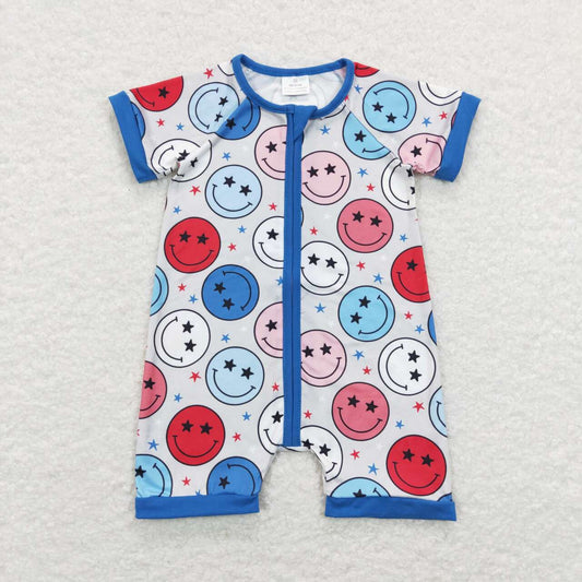 4th of july short sleeve smile face zip romper