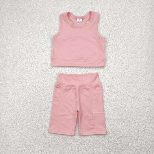kids girl yoga light pink athletic tank shorts set