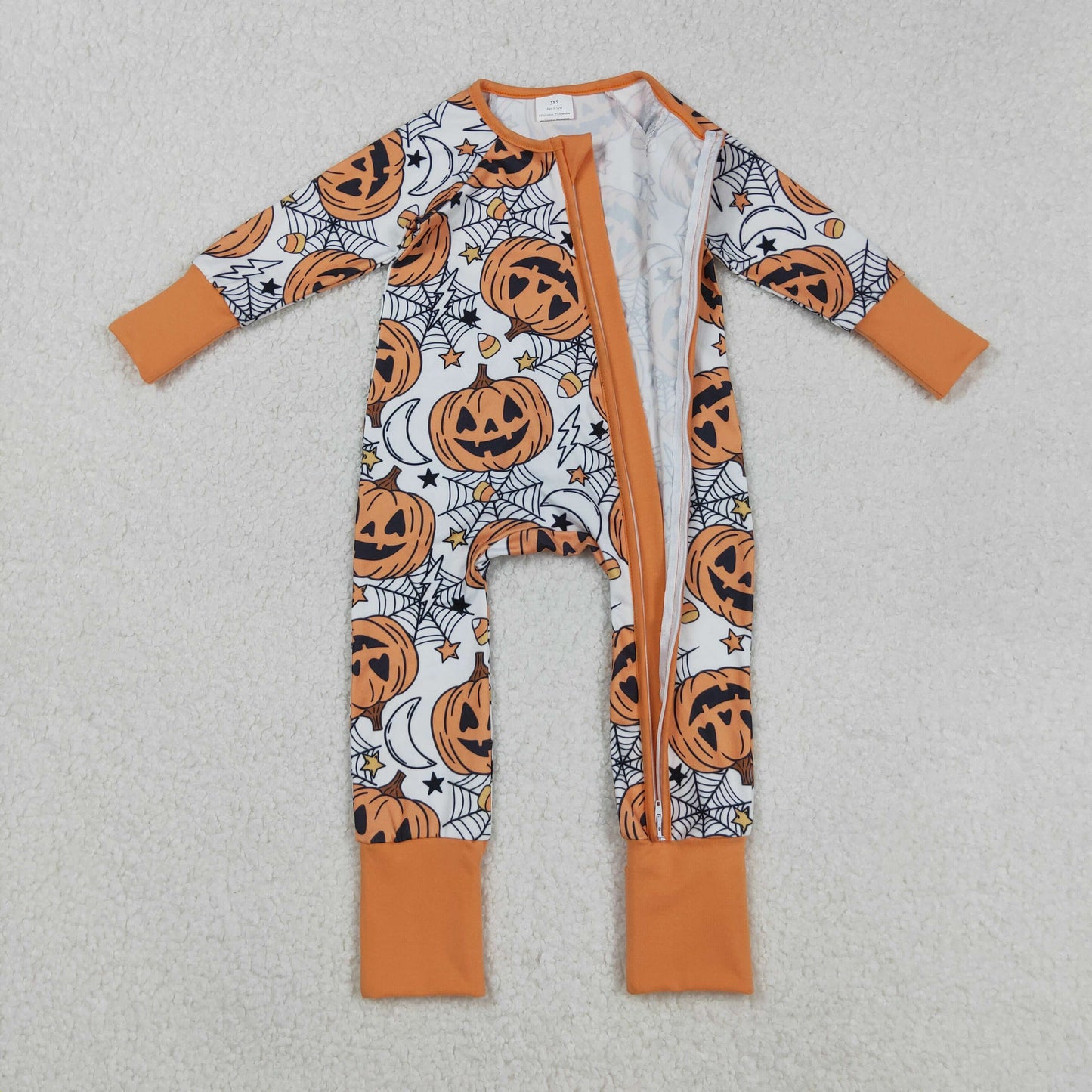 orange Halloween pumpkin spiderwebs zip sleeper