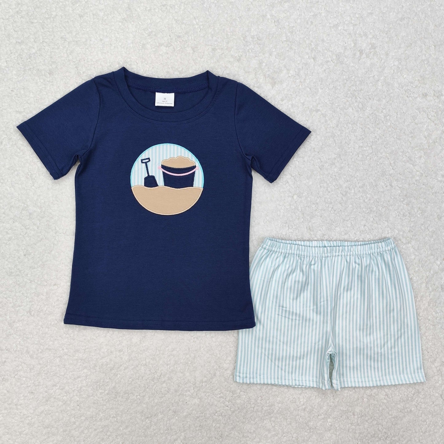 navy beach bucket embroidery baby boy shorts set