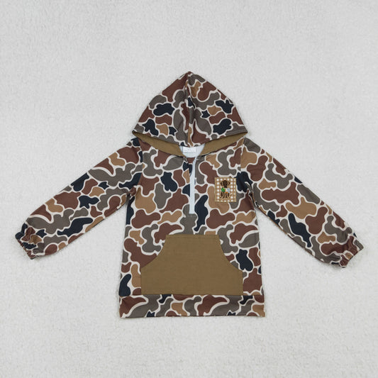 dog embroidery zip camo hoodie with pocket boys top