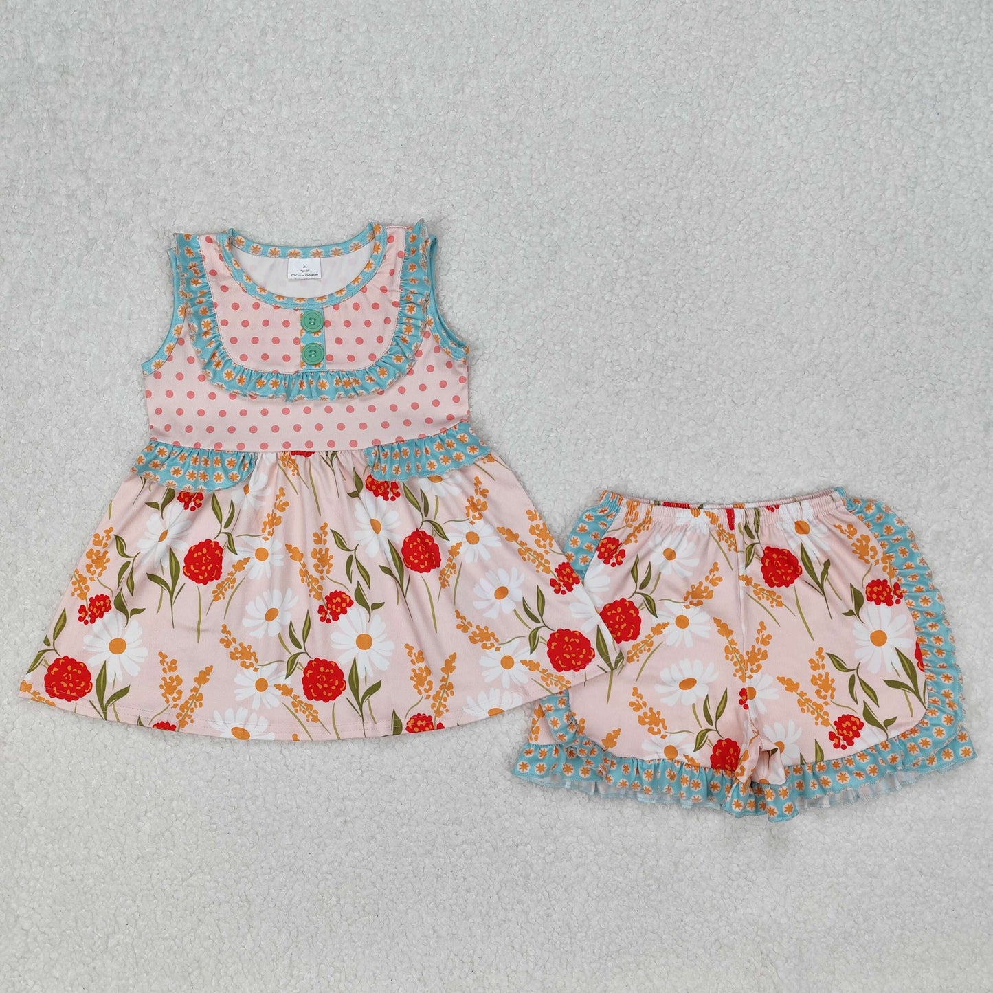 polk dots floral ruffle shorts set