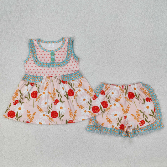 polk dots floral ruffle shorts set