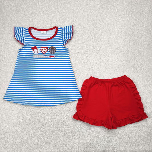 embroidery top red ruffle baseball shorts set