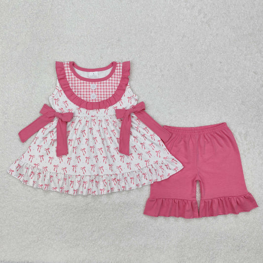 pink bows ruffle shorts set summer girls outfit