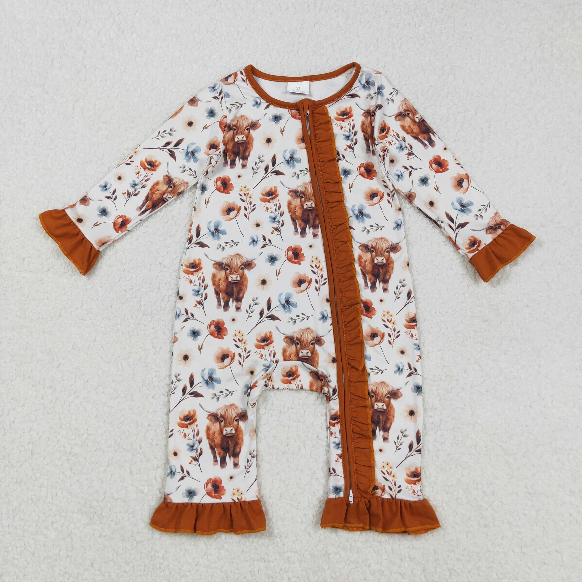 brown floral highland cow ruffle zipper sleeper