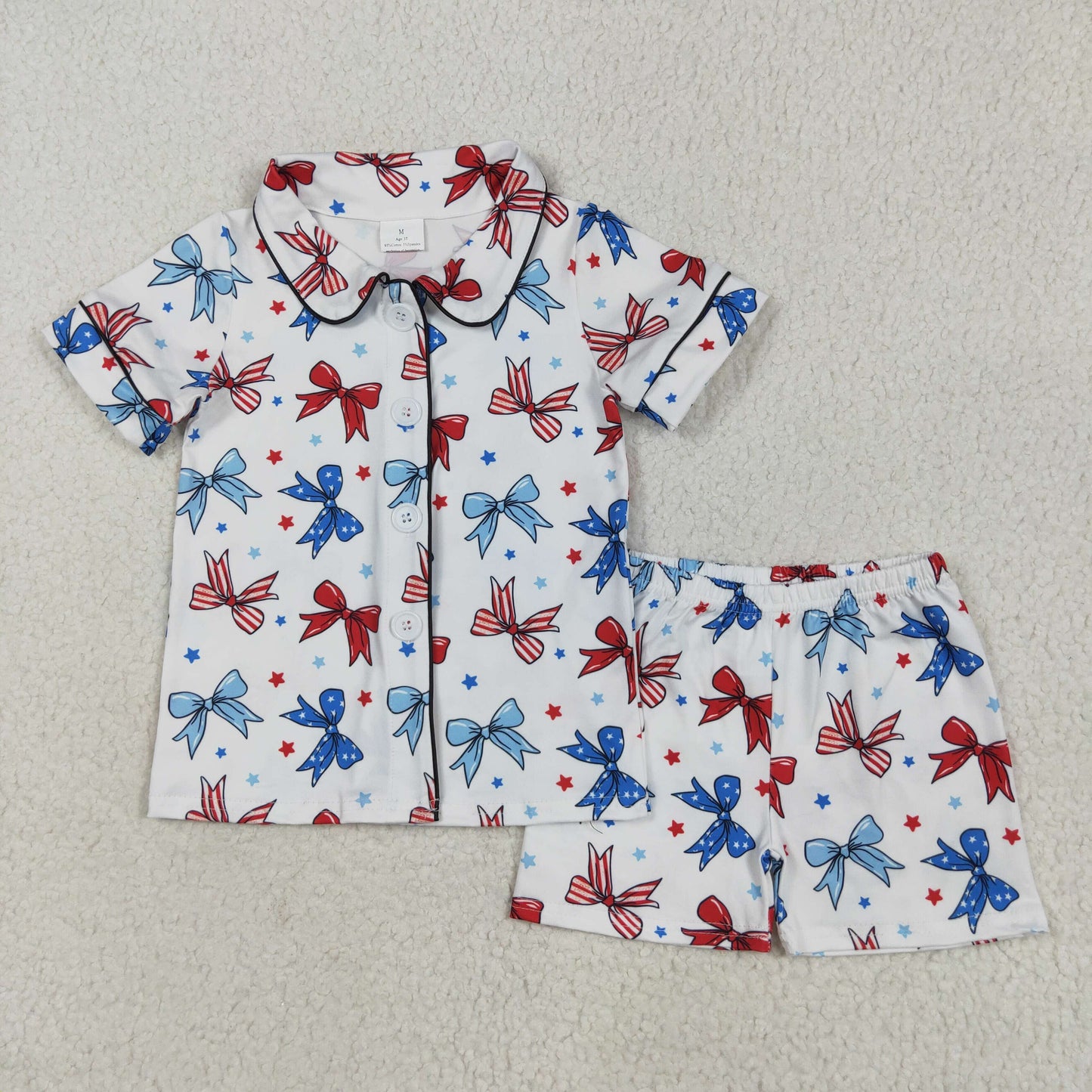 red white blue bow coquette button down shorts pajama set