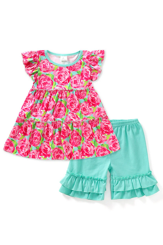 flower outfit, flutter sleeve tunic dress,solid green ruffle shorts, girls clothing