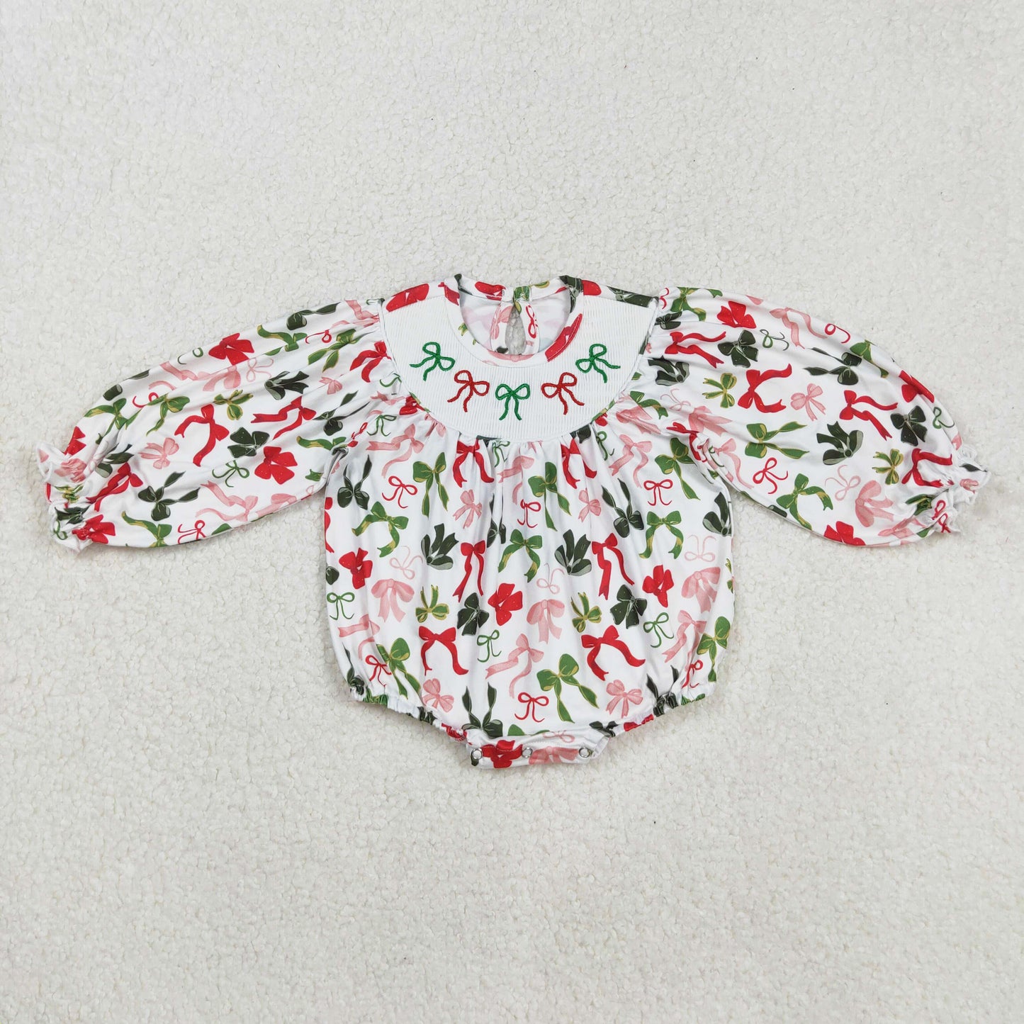 Christmas green red bow embroidery smock bubble