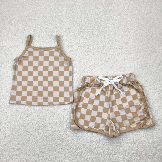 brown checkered suspender shorts set