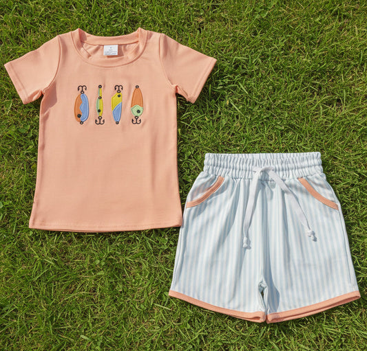 peach fishing hook embroidery boy shorts set