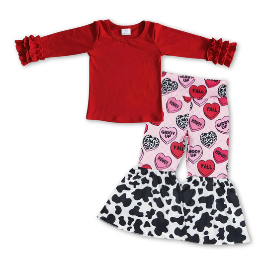 red top cow print howdy heart pants girls valentine's set