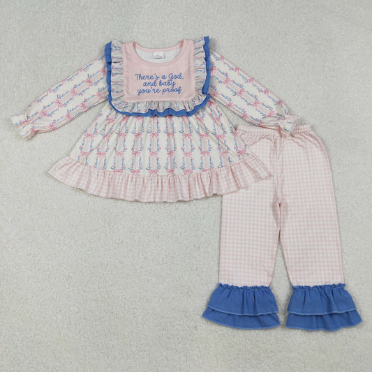 there's a god and baby you're proof pink bow plaid ruffle pants set girls outfit