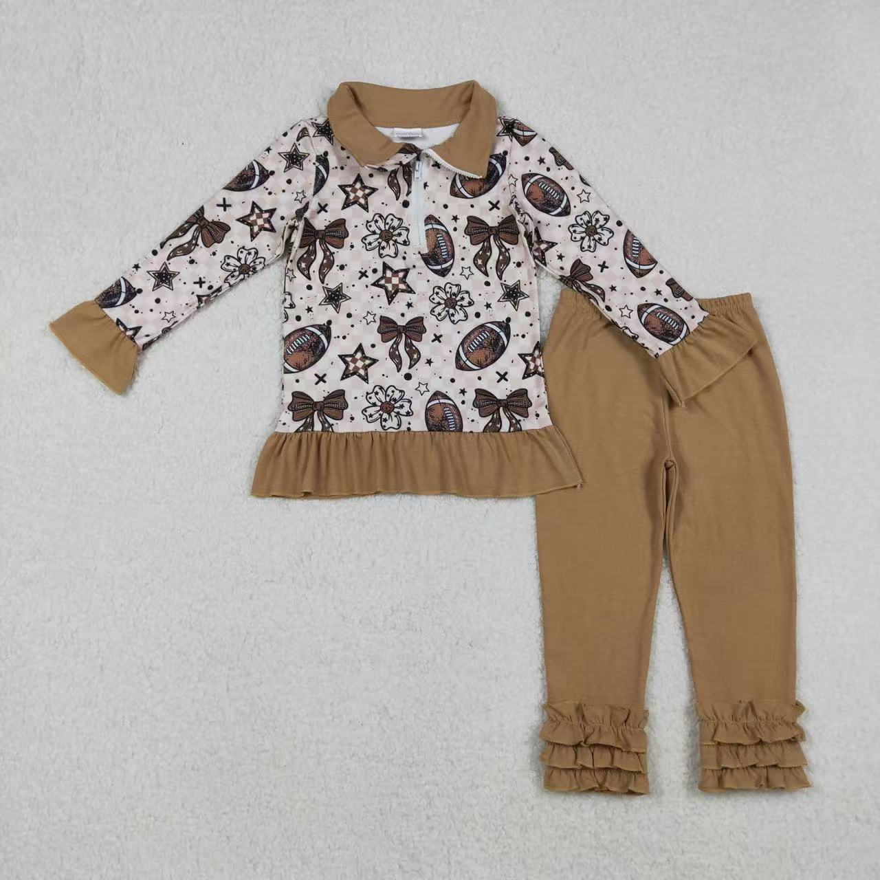 brown football print zip pullover icing pants set fall toddler girl outfit