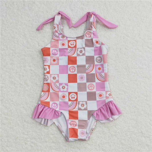 boho checkered one piece swimsuit tankini girl swimwear