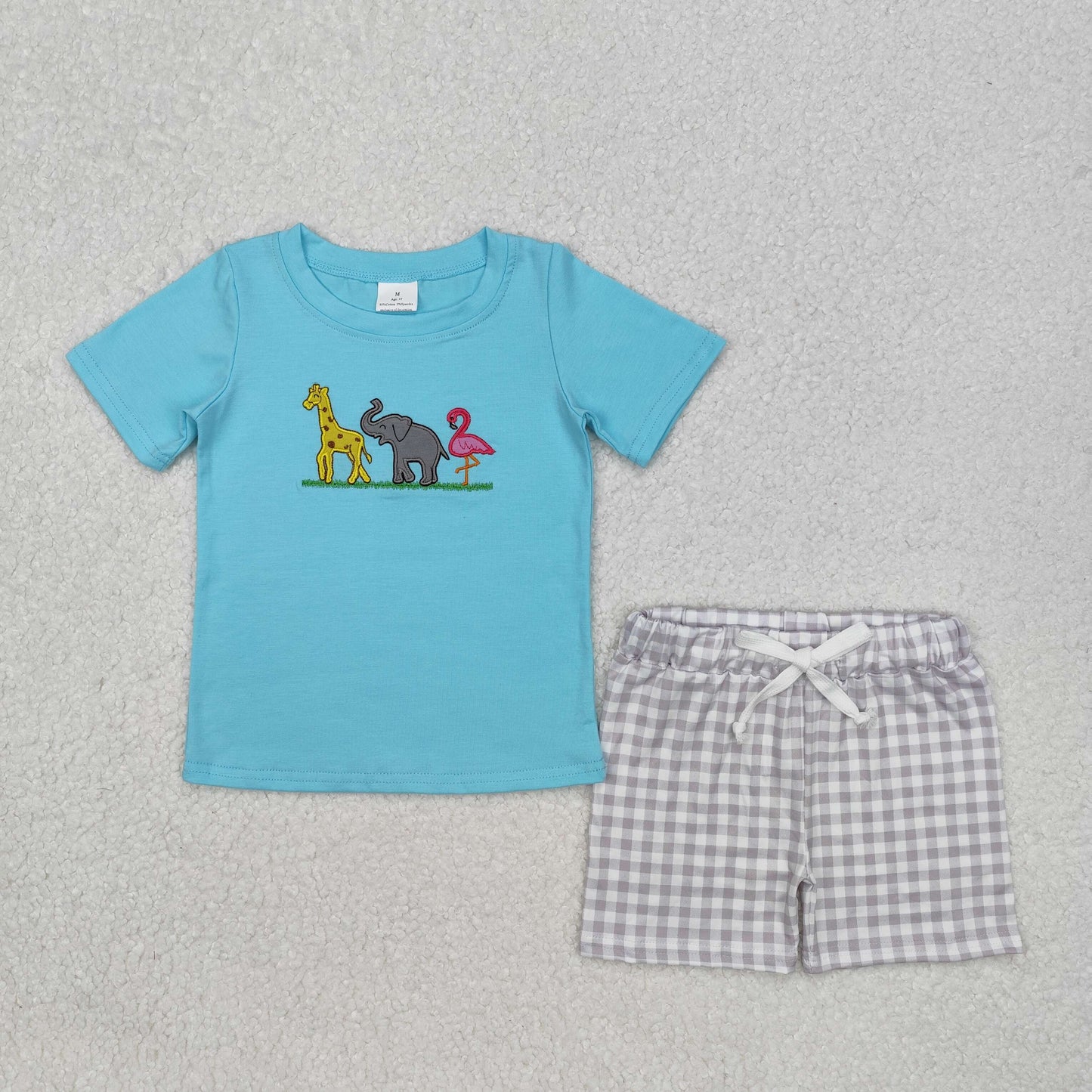 zoo animal embroidery plaid shorts set boy