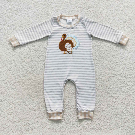 Thanksgiving day turkey embroidery gray baby boy romper
