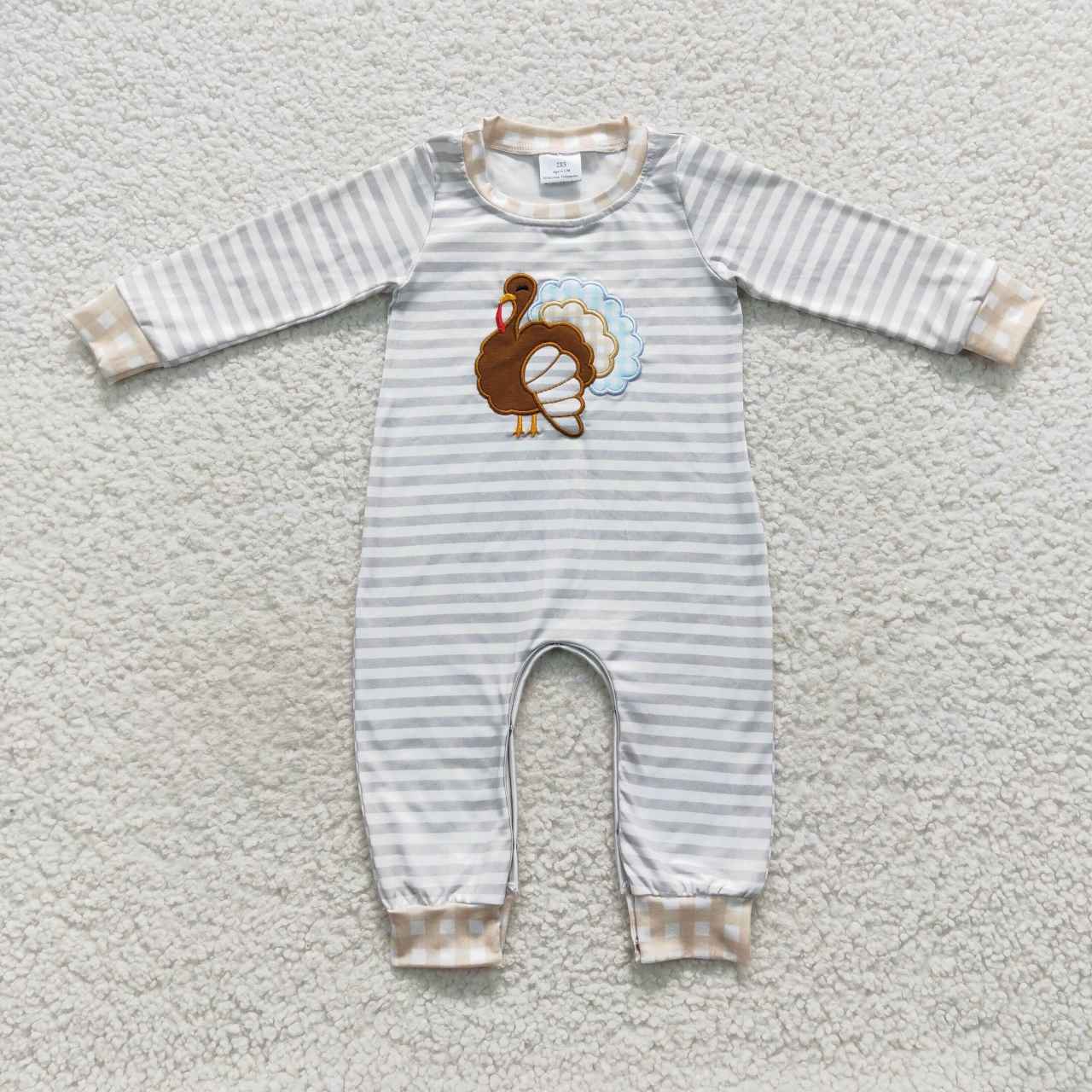 Thanksgiving day turkey embroidery gray baby boy romper