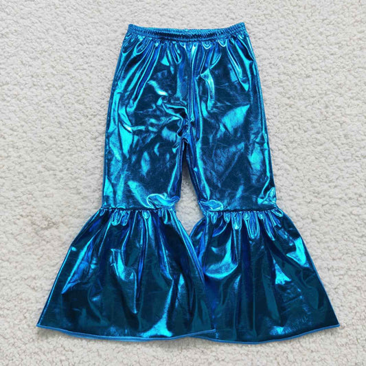 Blue leather shinny baby girls bell bottom pants