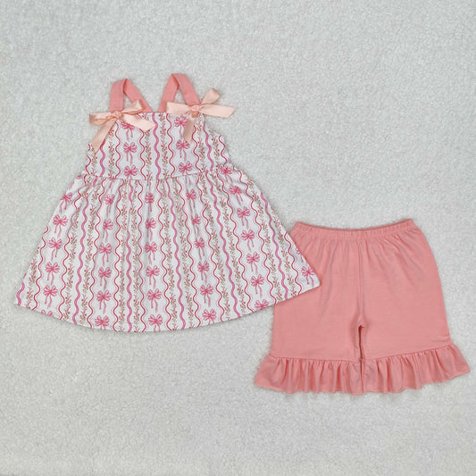 pink floral bow ribbon print strap shorts set