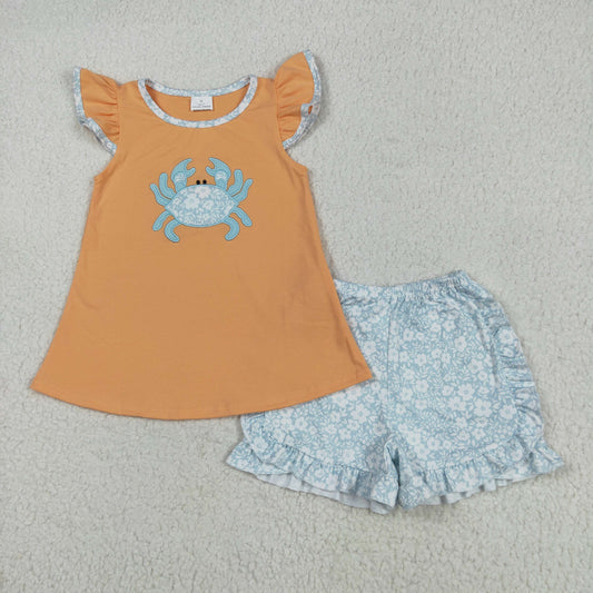 crab embroidery girl shorts set