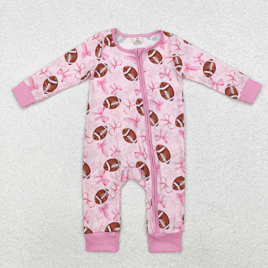 pink bows and football print zip bamboo sleeper