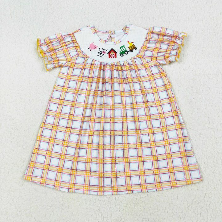 plaid farm life embroidery smock matching clothes