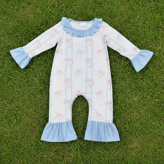 long sleeve blue striped bow ruffle romper