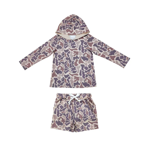 long sleeve camo hoodie top shorts outfit