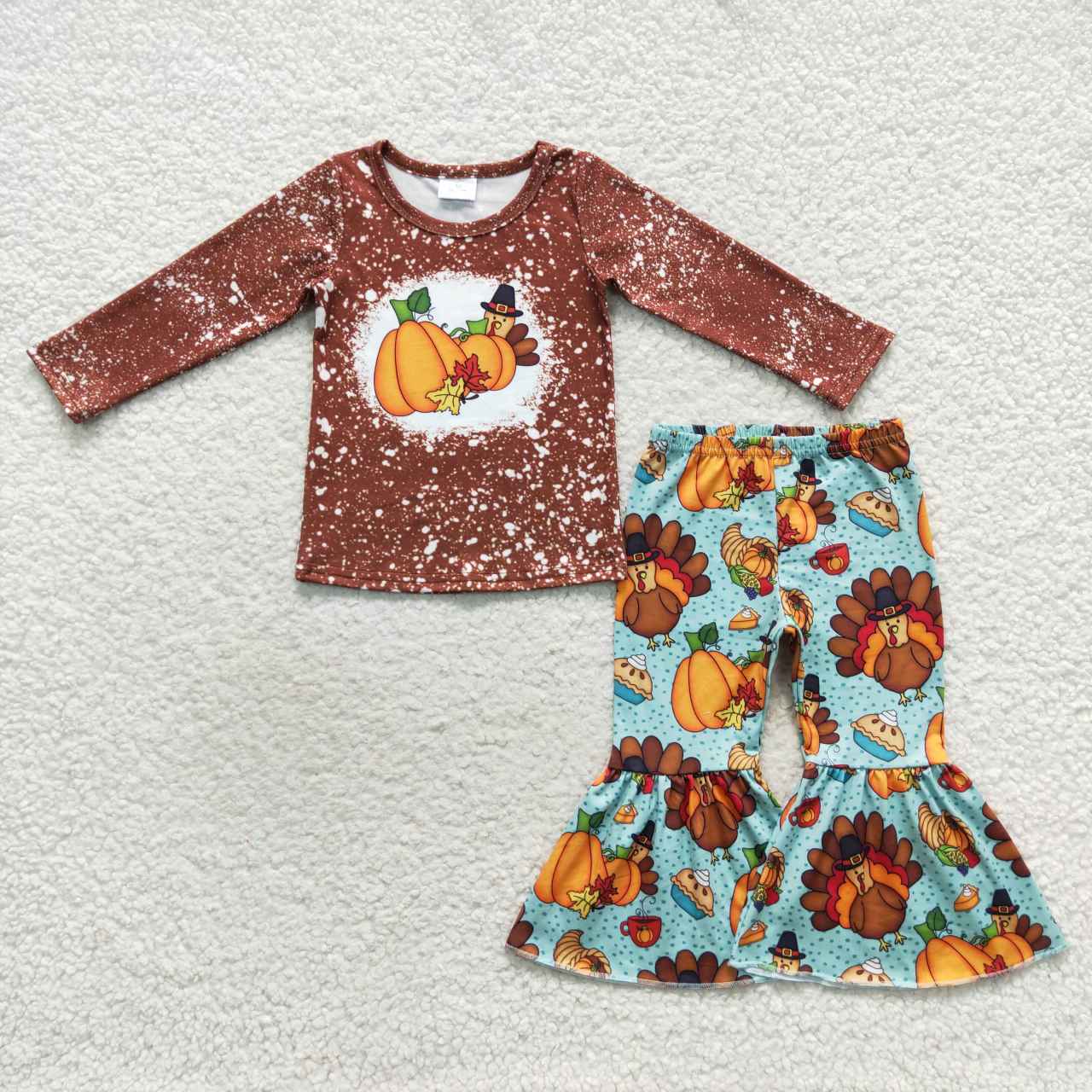 brown turkey&pumpkin print bell bottom outfit