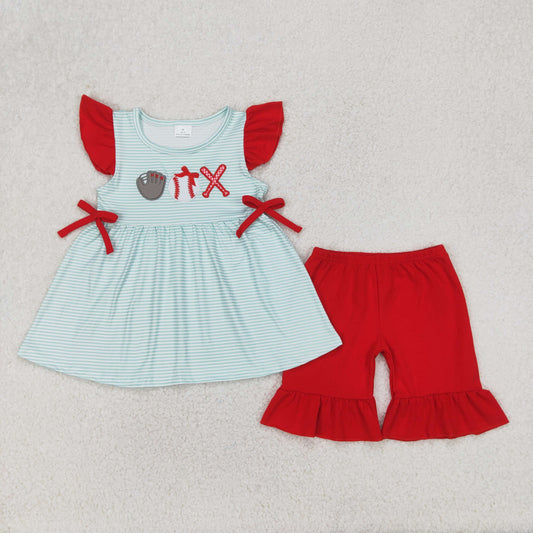 embroidery top red ruffle baseball shorts set