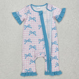 short sleeve pink plaid blue bows zip sleeper