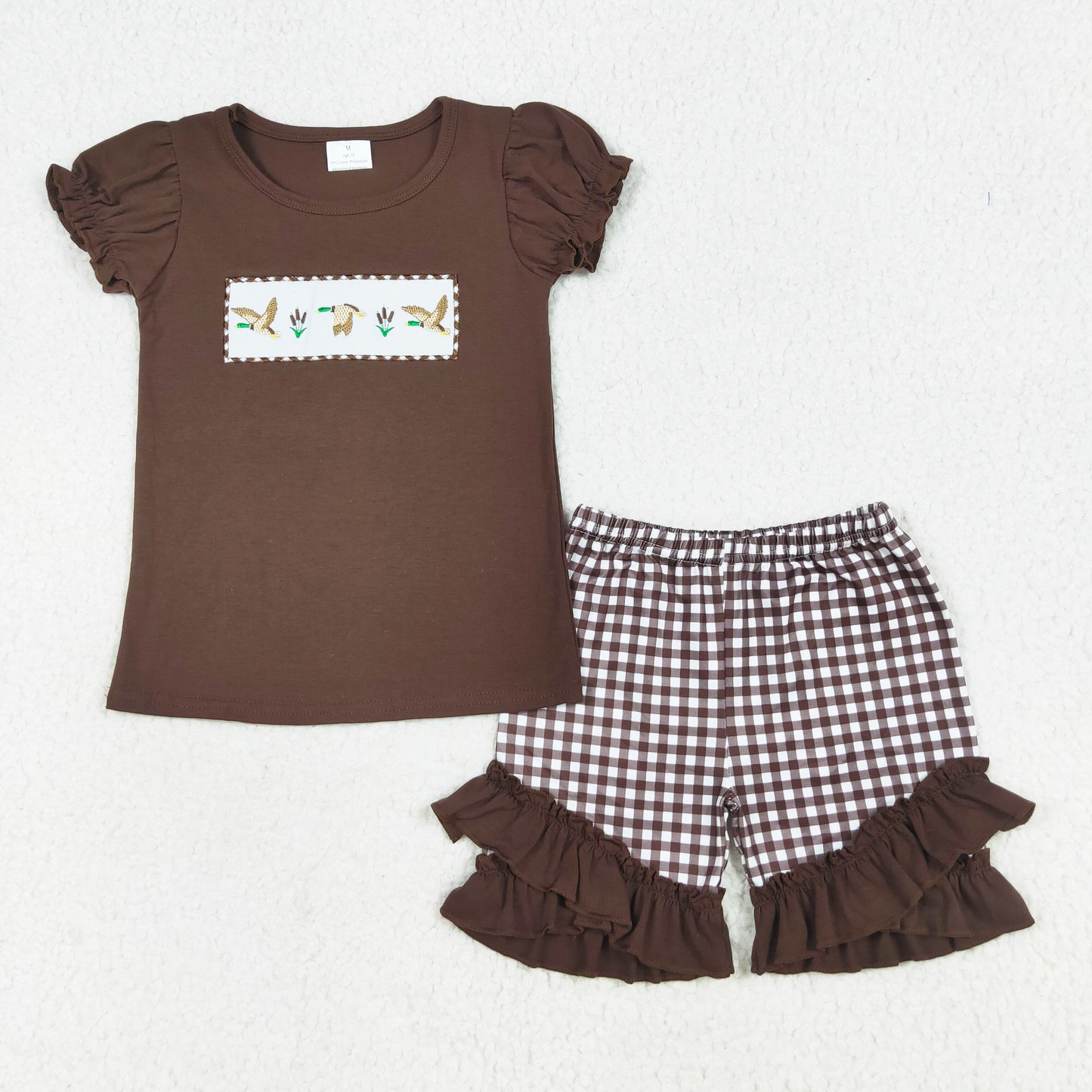 brown duck embroidery shorts set girl