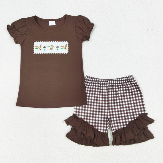 brown duck embroidery shorts set girl