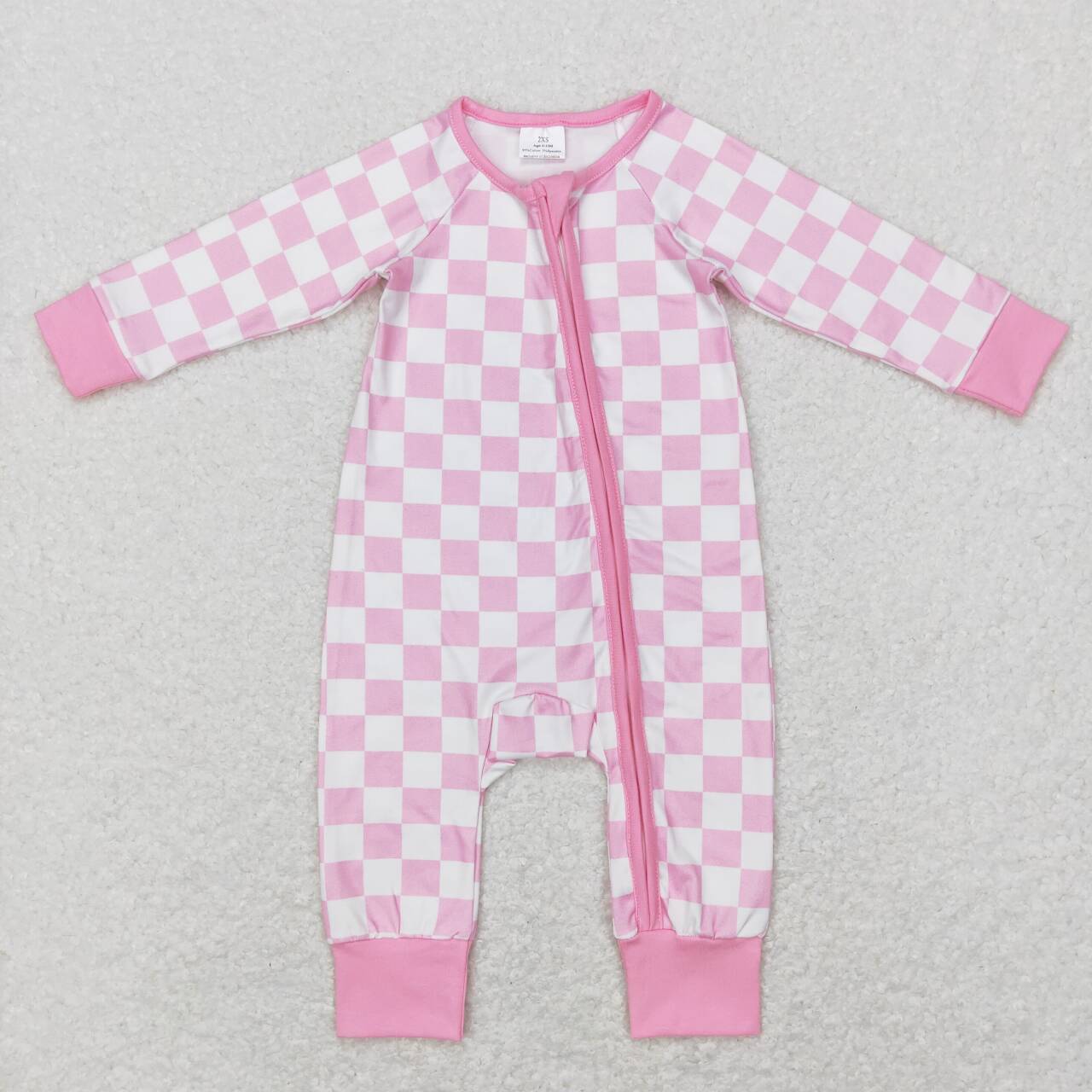pink checkered baby girl zip sleeper