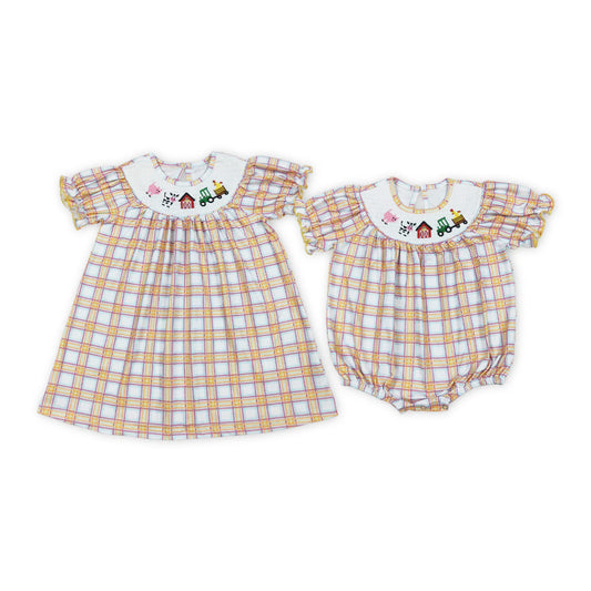 plaid farm life embroidery smock matching clothes