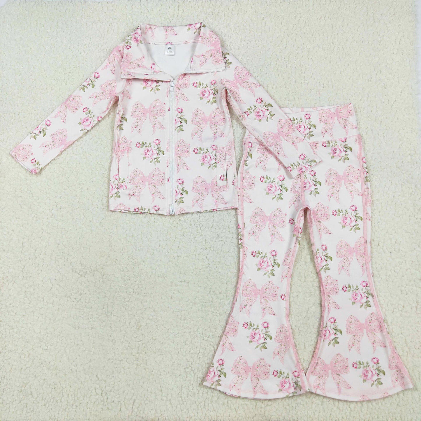 pink floral bow zip two piece activewear