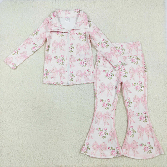 pink floral bow zip two piece activewear