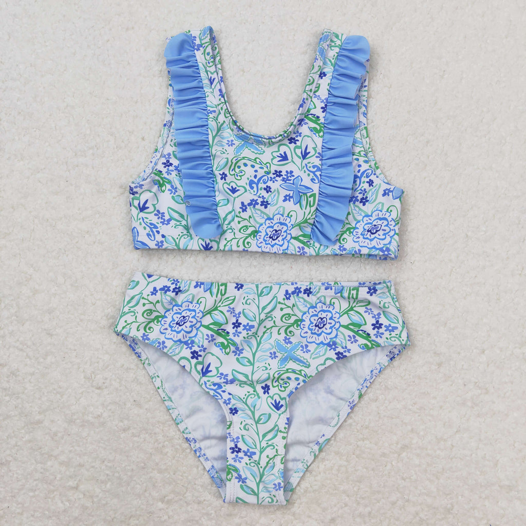 blue flowers two pieces girl swimsuit
